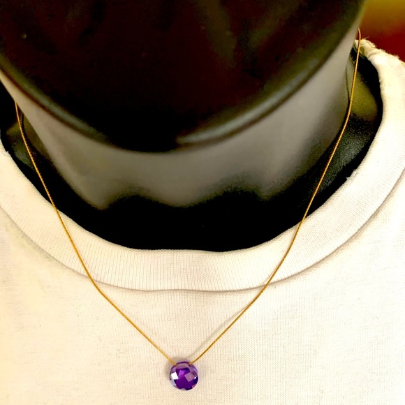 Shiny purple semi-precious stone choker necklace with gold color fine chain - Picture 5 of 11